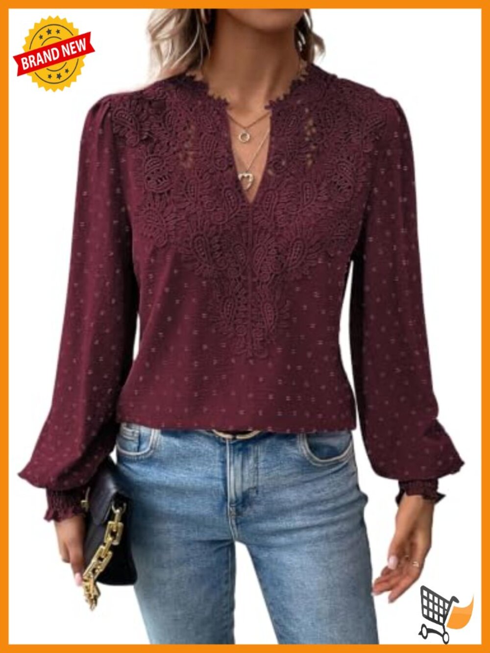 Falechay Womens Boho Lace Floral V Neck Long Sleeve Blouse